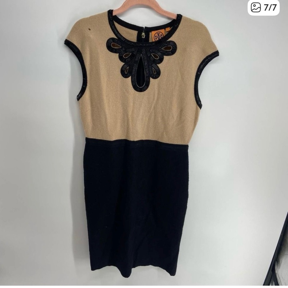 Tory Burch tan black beaded neckline cap sleeve pencil dress womens small